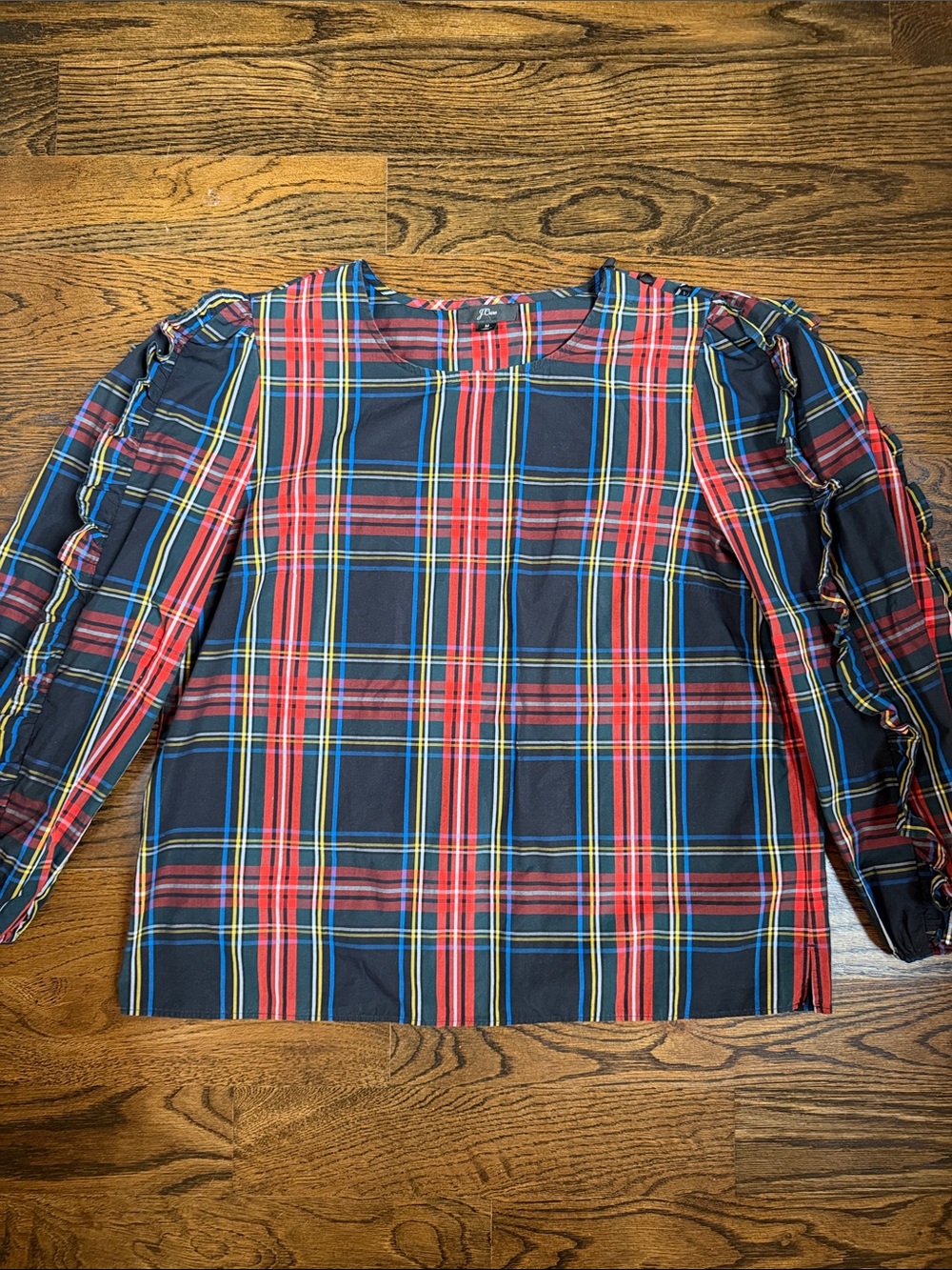 J Crew Plaid Ruffle Blouse Size Medium